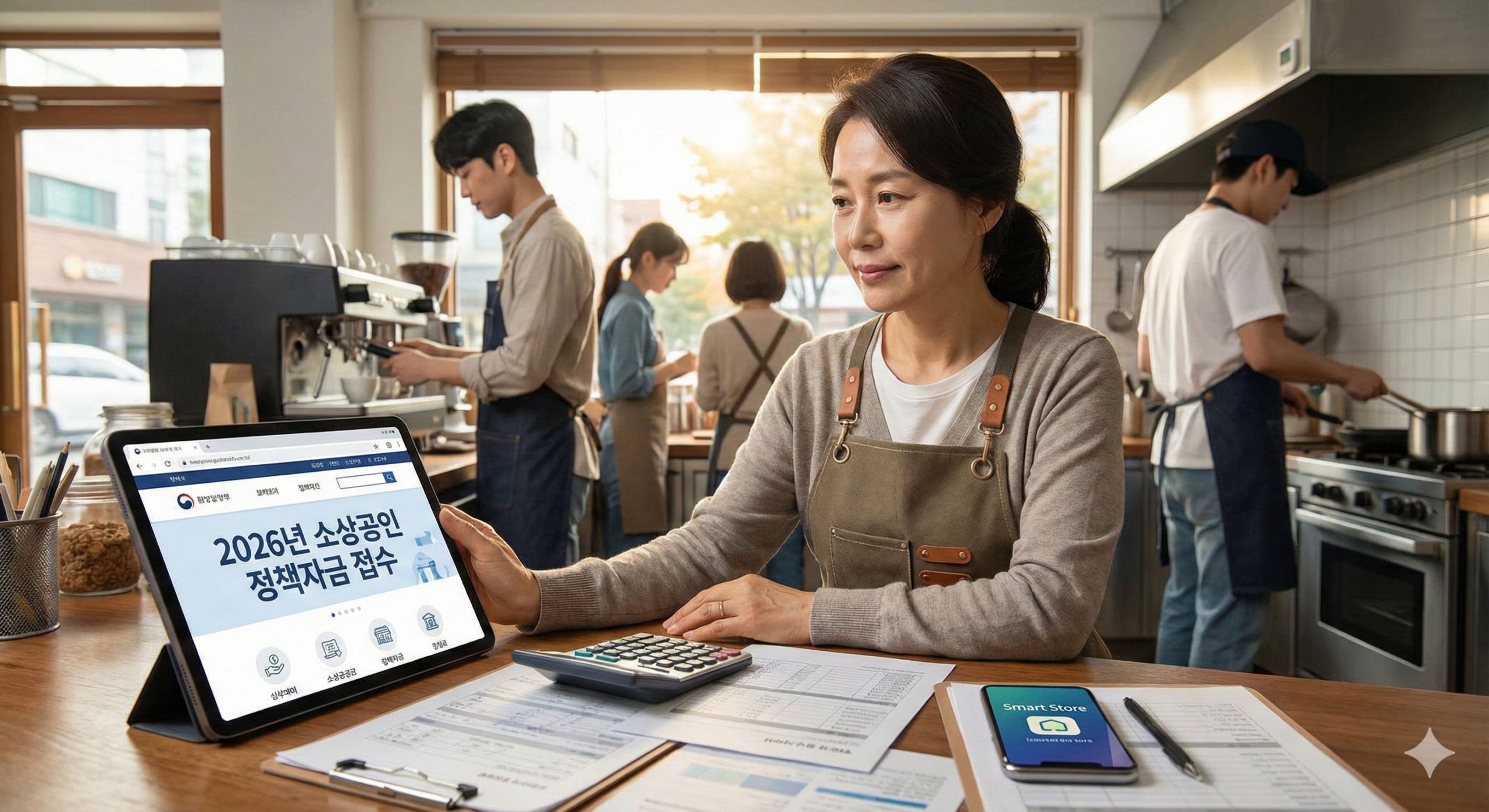 2026년 소상공인 정부 지원금 신청을 위해 태블릿으로 정책자금 공고를 확인하고 전략을 구상하는 식당 사장님의 모습