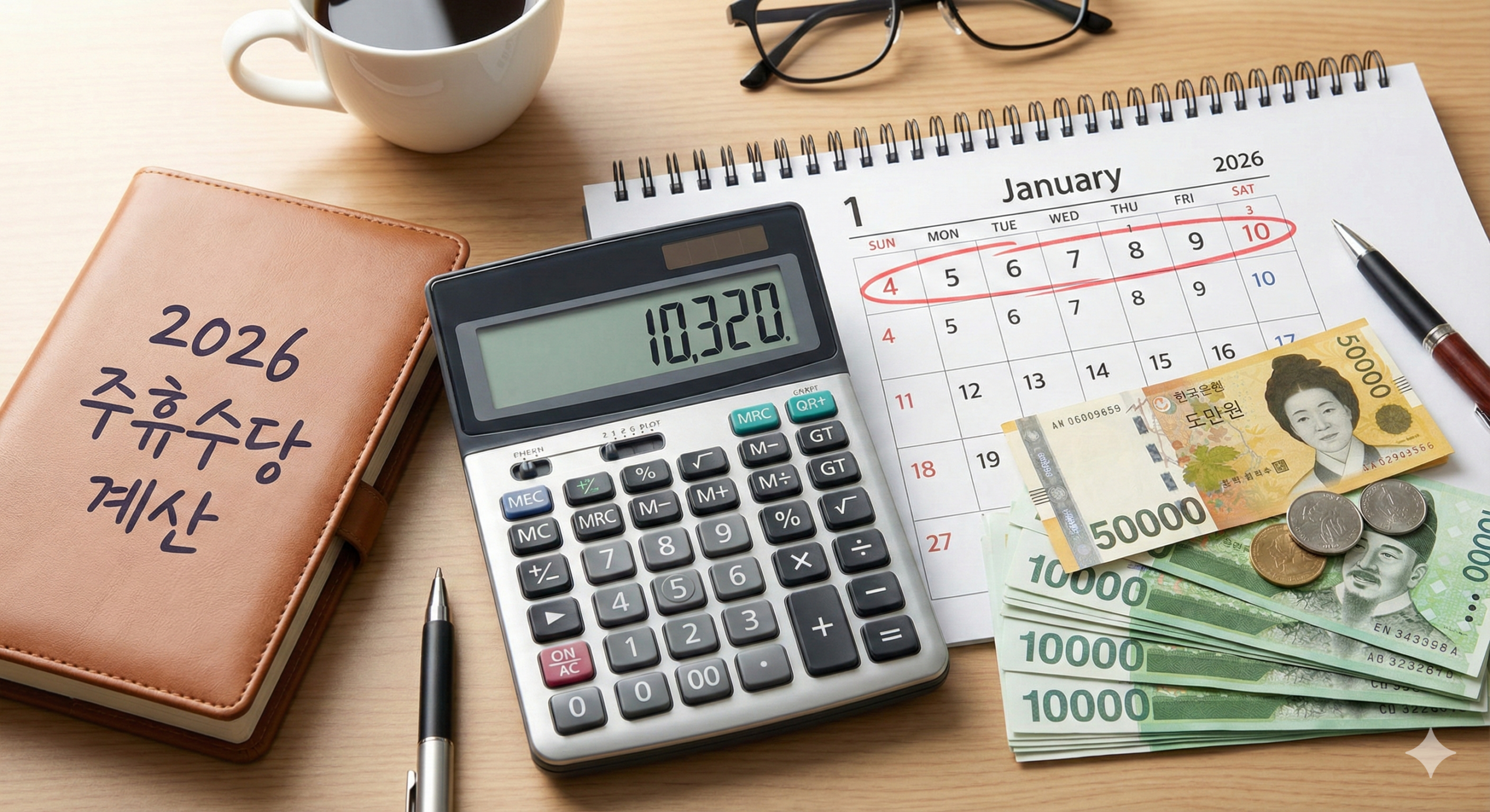 2026년 최저임금 10,320원 기준 2026년 주휴수당 계산기와 달력 모습