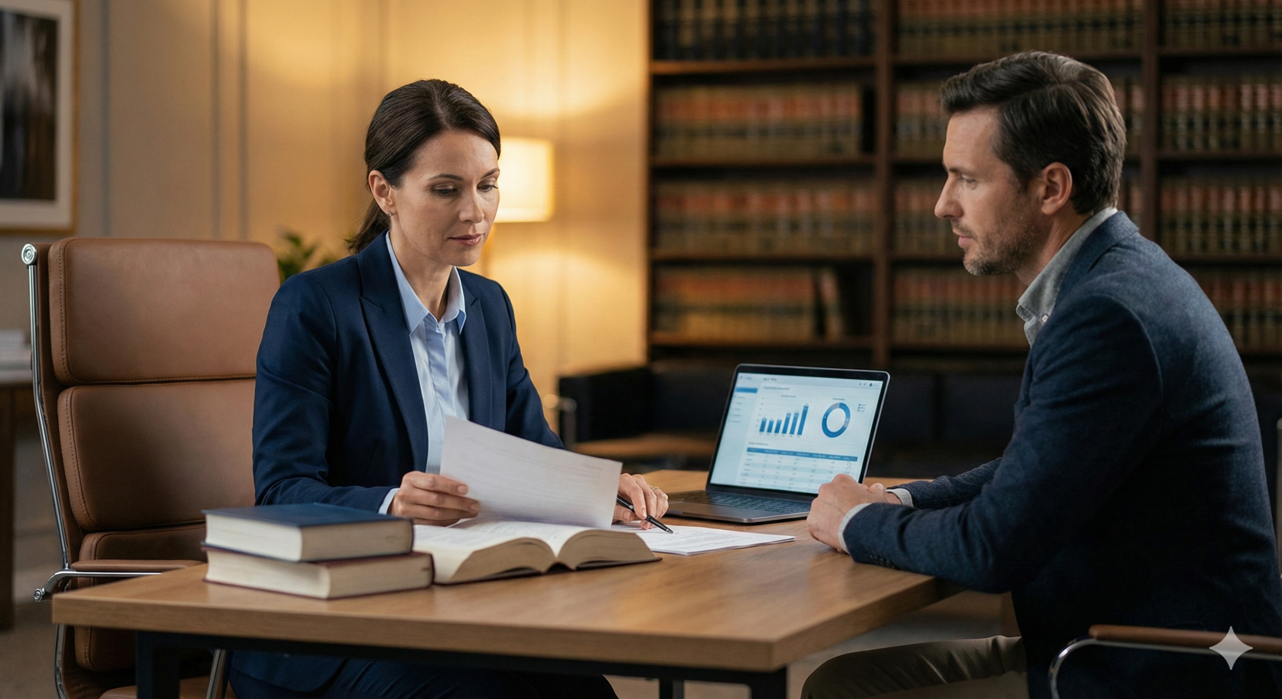 현대적인 사무실에서 법전과 실무 서류를 검토하며 전문적인 노무 행정 상담을 진행하는 전문가의 모습