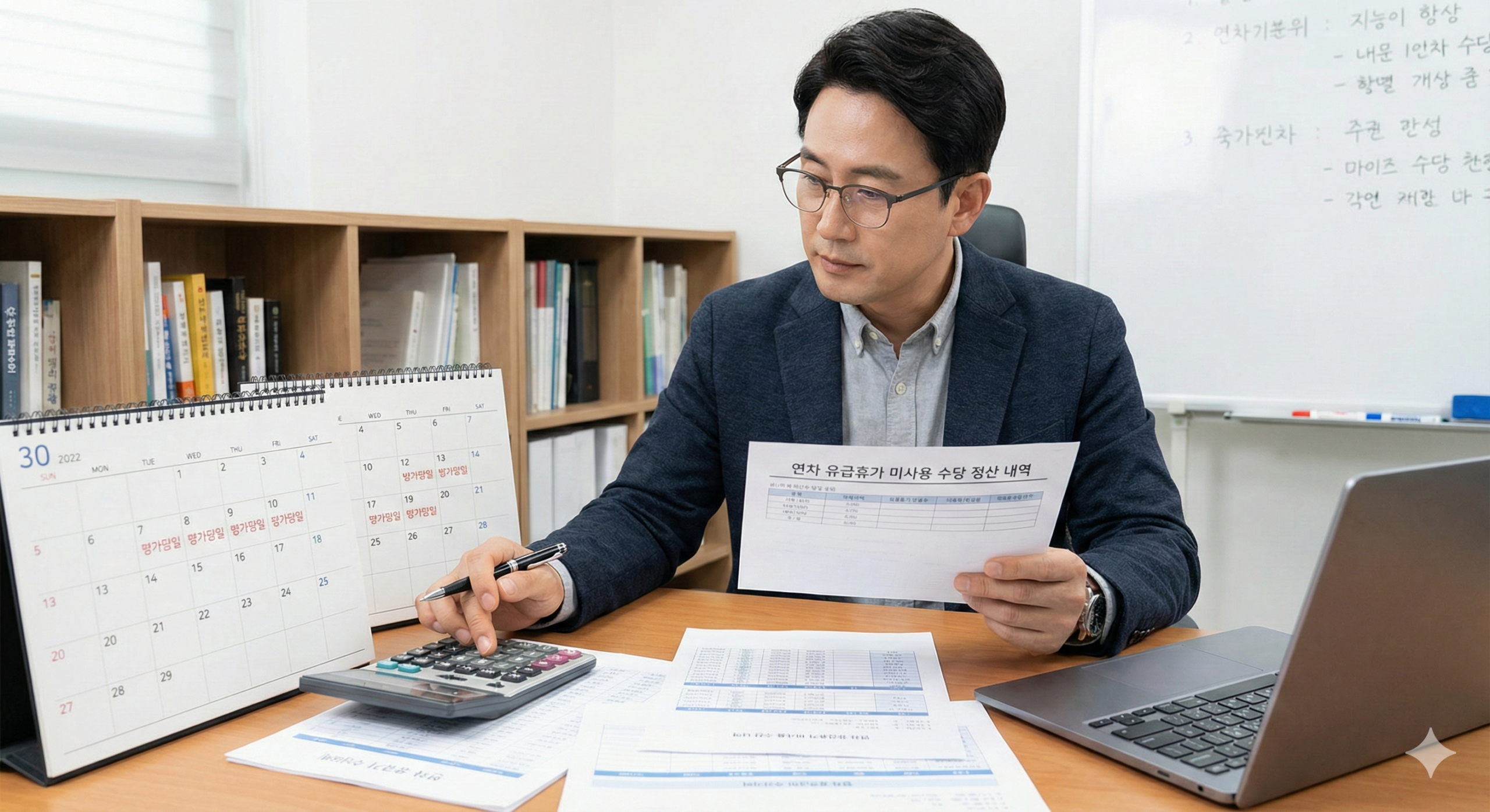 연차 유급휴가 미사용 수당 정산을 위해 통상임금과 잔여 휴가 일수를 분석하는 경영자