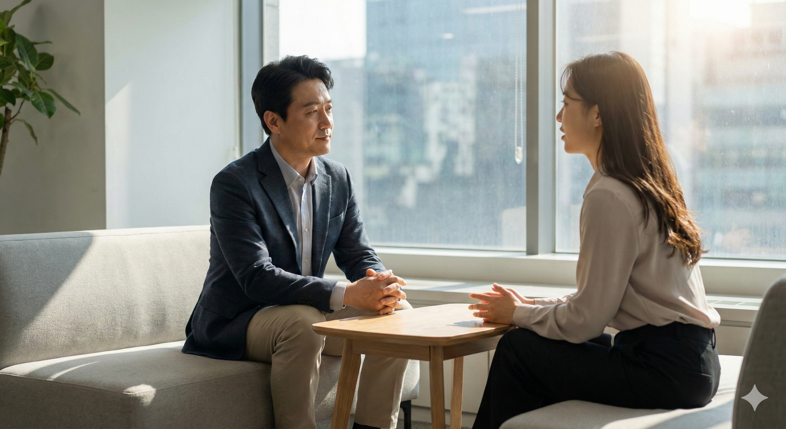 직장 내 괴롭힘 신고 접수 후 직원과 차분하게 상담하며 해결책을 찾는 사장님의 모습