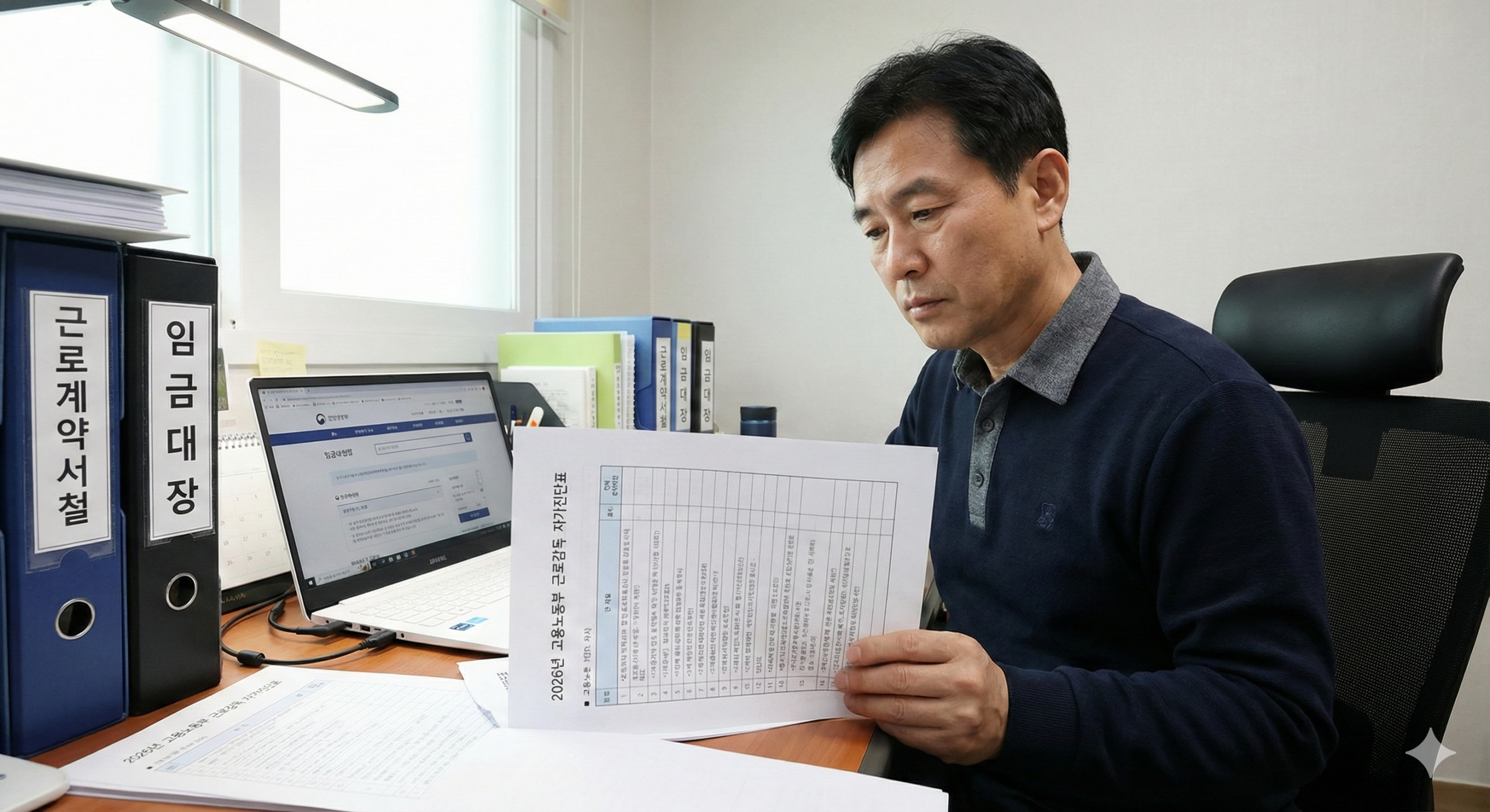 2026년 고용노동부 근로감독을 대비하여 자가진단표와 필수 노무 서류를 검토하는 소상공인 사장님