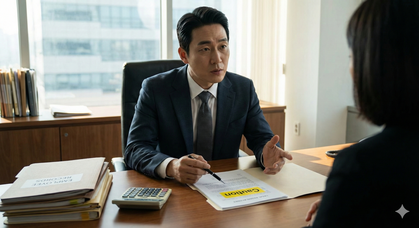 2026년 권고사직 실업급여 허위 처리의 법적 위험성을 인지하고 'Caution' 문서 서류를 심각하게 살피는 사장님의 모습