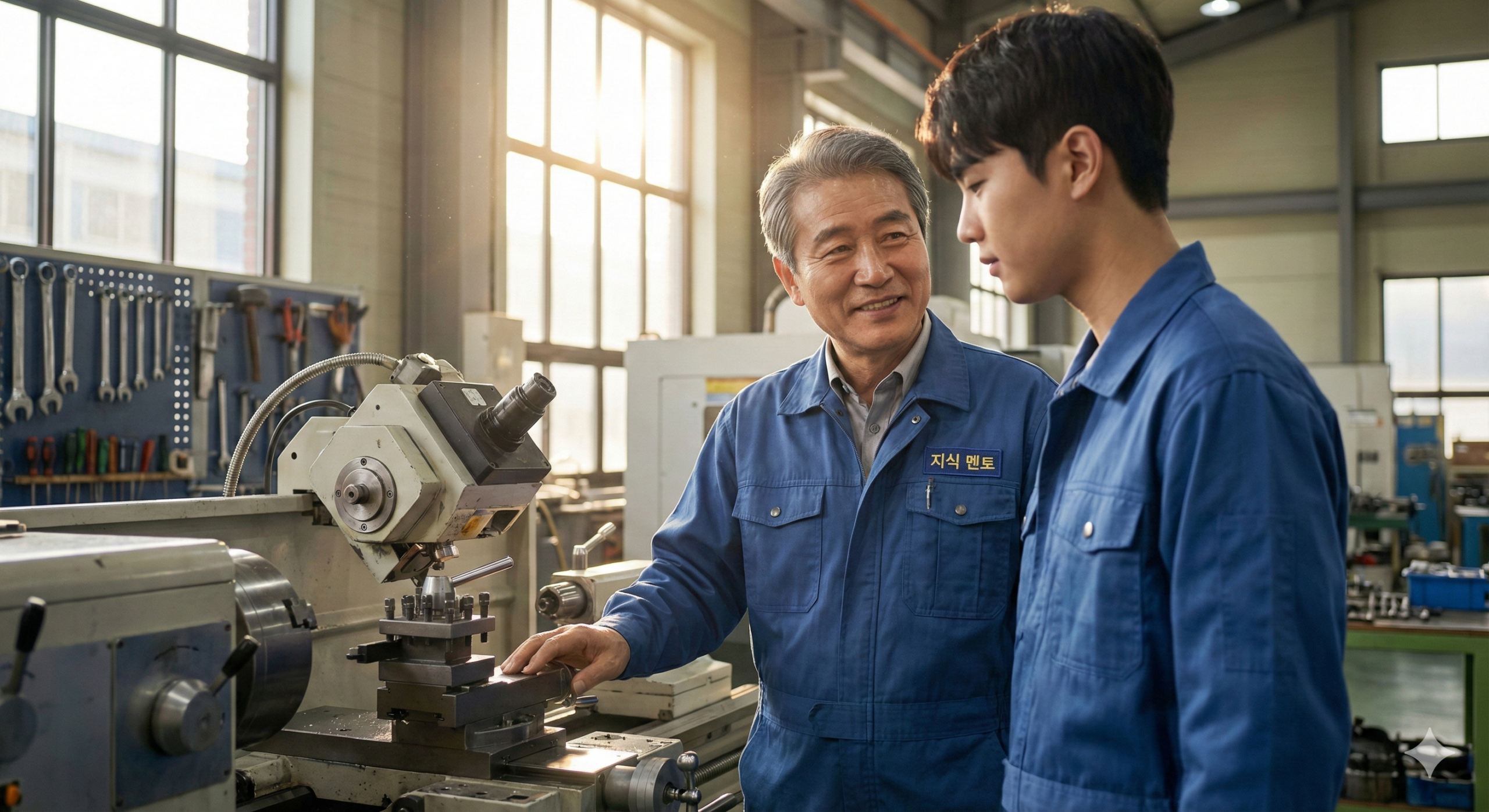 2026년 시니어 고용 활성화를 위해 젊은 직원에게 노하우를 전수하는 숙련공의 모습