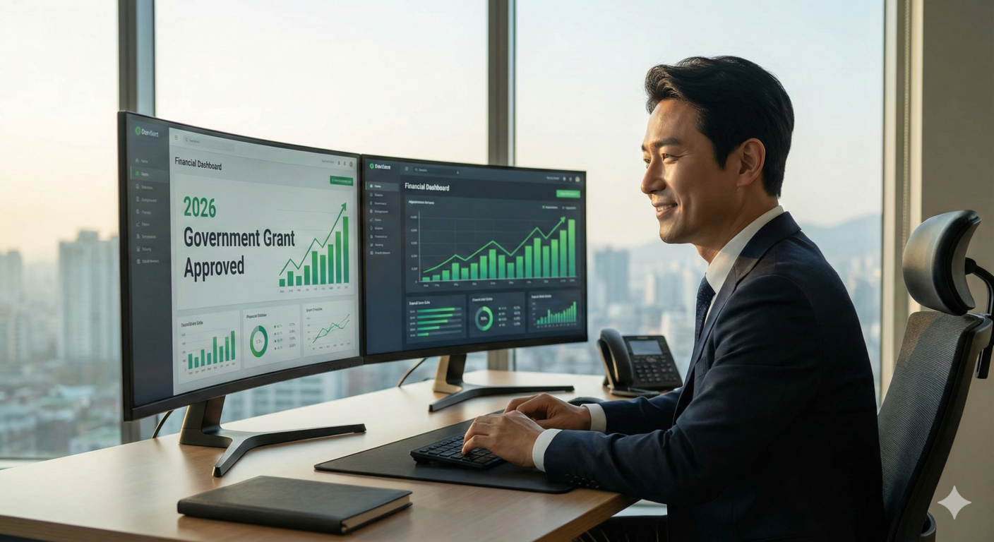 2026년 정부지원금 승인 내역을 확인하며 자신감 있게 미소 짓는 40대 사장님의 모습
