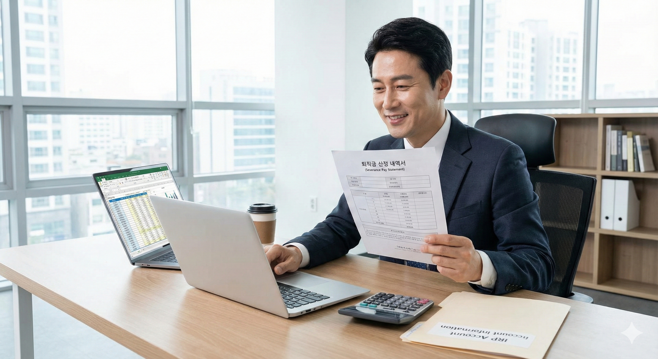 2026년 퇴직금 계산방법에 따라 평균임금을 산출하고 IRP 지급 서류를 검토하는 경영자
