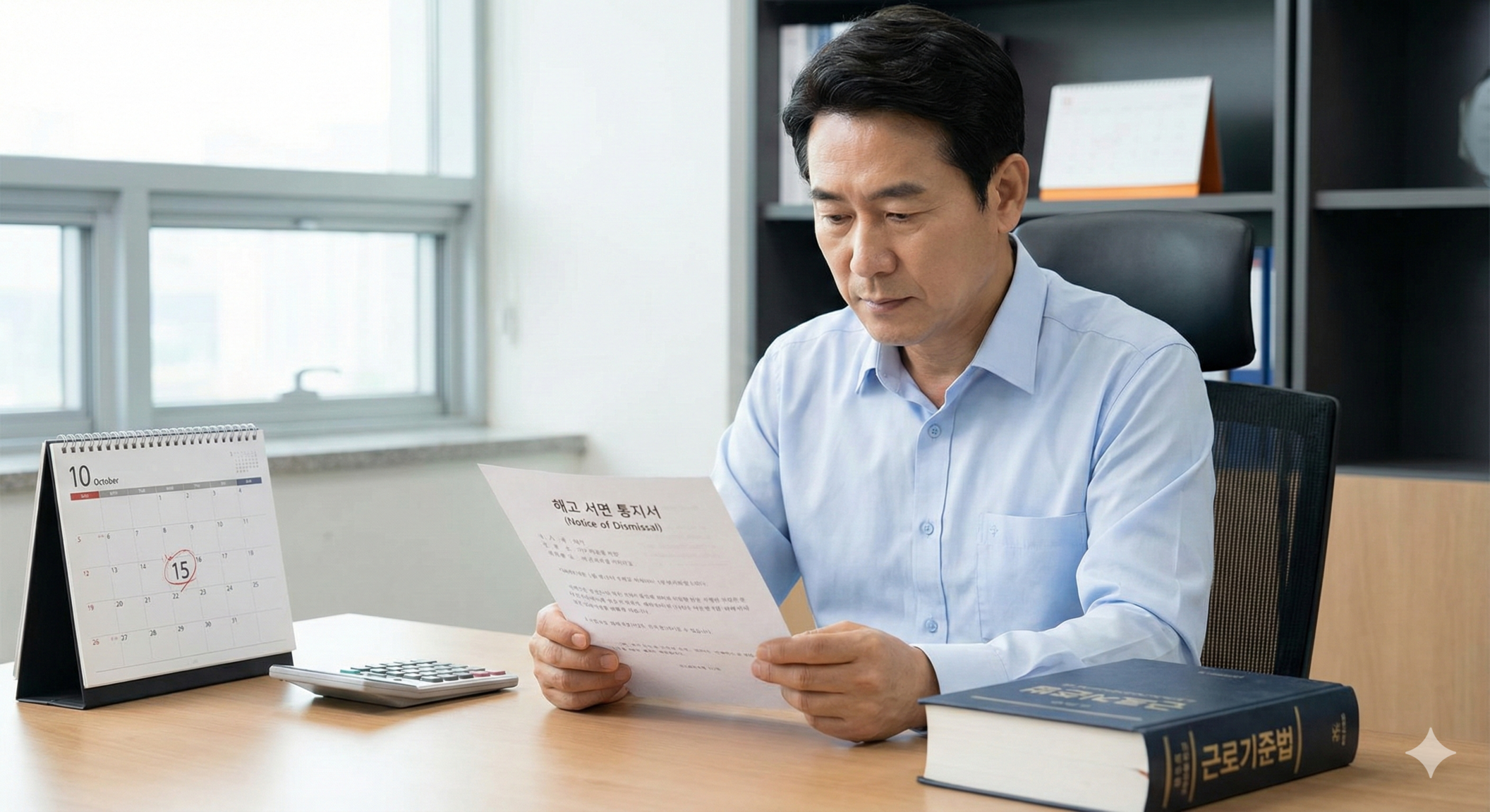 2026년 해고 절차를 준수하기 위해 해고예고 통지서와 근로기준법을 검토하는 신중한 모습의 사장님