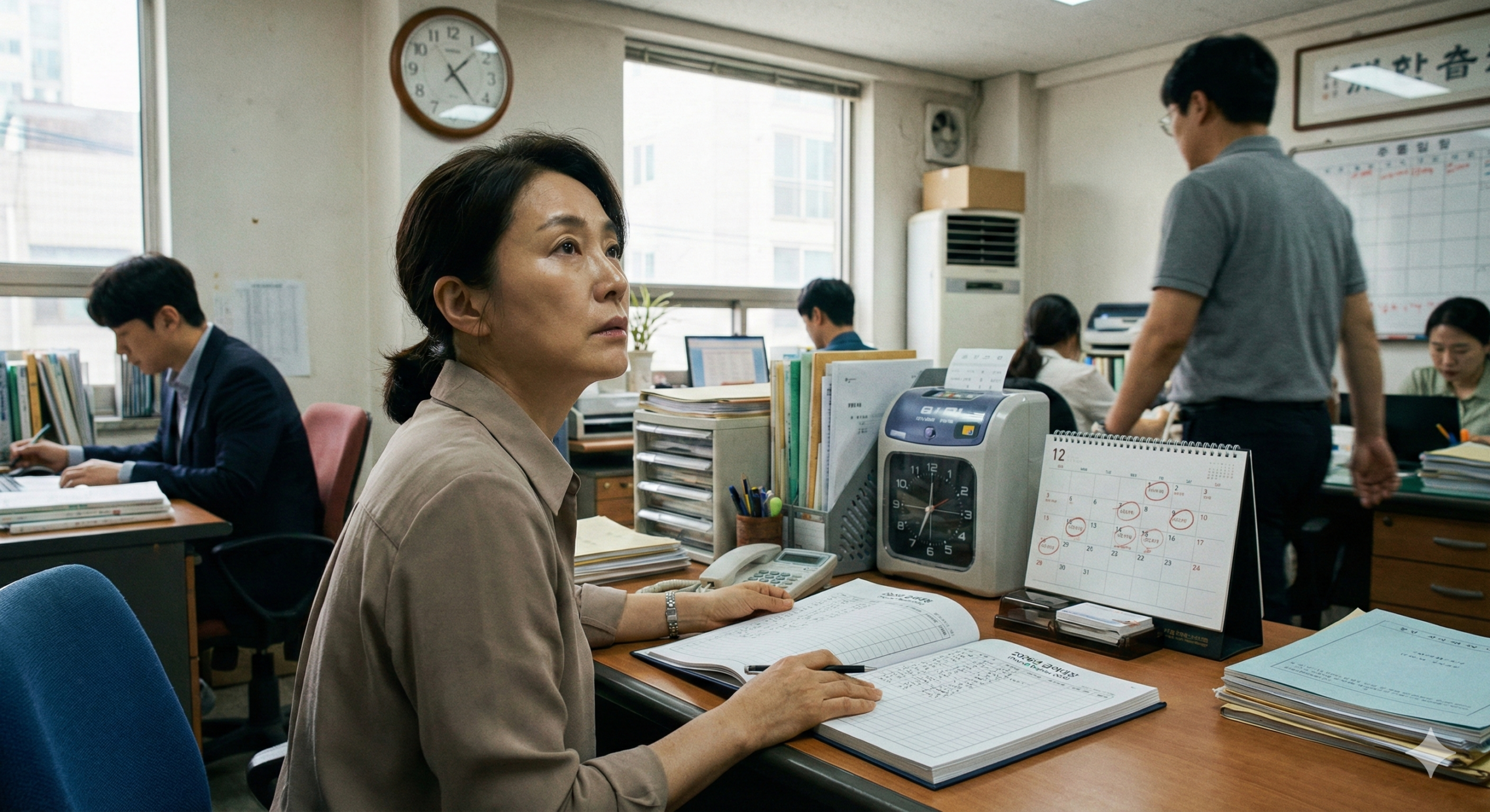 2026년 휴게시간 및 휴일 근무 수당 규정을 준수하며 급여대장을 검토하는 사장님의 모습