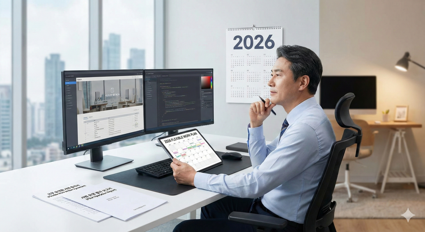 2026년 유연근무제 도입 포스팅의 메인 이미지로, 현대적인 사무실에서 전문 실무자가 태블릿과 듀얼 모니터를 활용해 운영 보고서와 서면 합의서를 분석하는 전문적인 분위기를 연출했습니다.