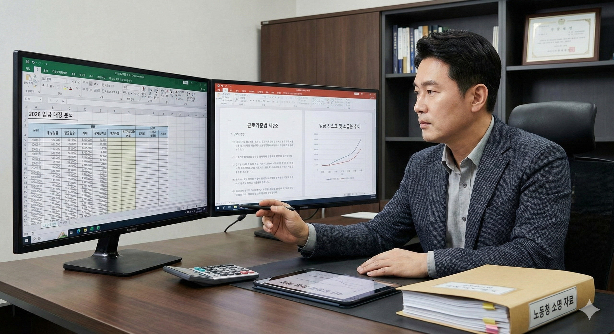 통상임금 평균임금 차이를 계산하기 위해 듀얼 모니터로 임금 대장과 소급분 리스크를 전수 조사 중인 16년 차 실무 경영자